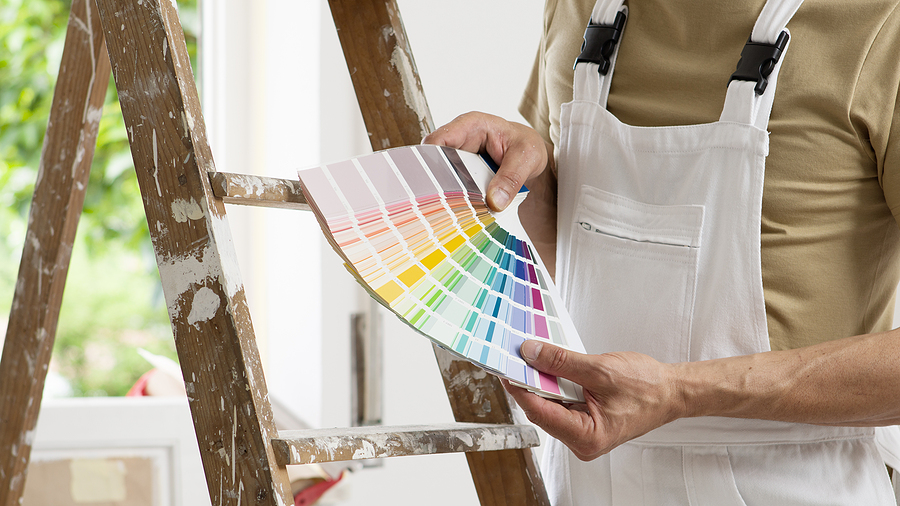 hands of house painter choose the color using the sample swatch, a wooden ladder and a green window as a background, close up. Regular interior painting for commercial spaces