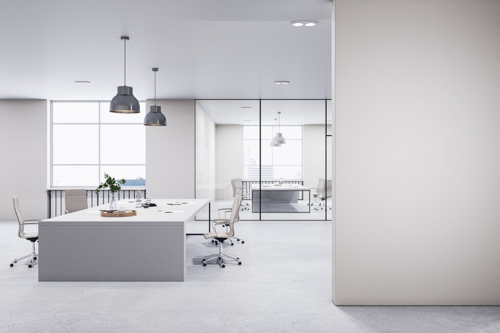 Modern concrete coworking office interior with blank white mock up place on wall, furniture, equipment and window with city view. Loft office designs. 3D Rendering