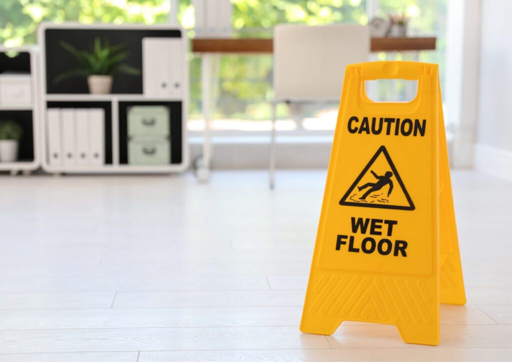 caution wet floor sign in an office